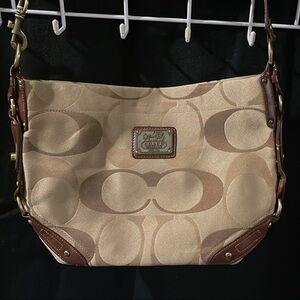 Coach Carly Signature Tan and Brown Shoulder Bag